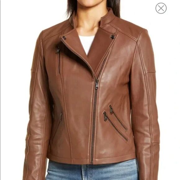 ✨ SAM EDELMAN ✨ Brown Lamb Leather Moto Jacket - [Medium] - Picture 1 of 16